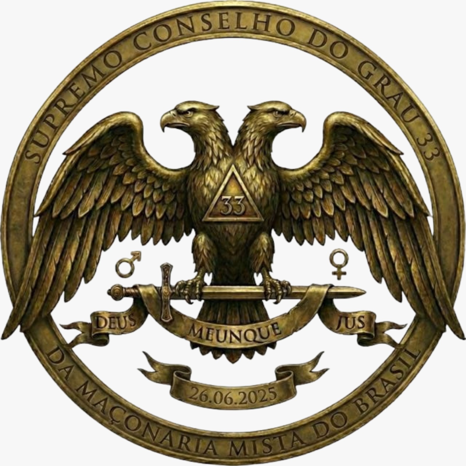 Selo do Supremo Conselho do Grau 33 da Maçonaria Mista do Brasil: águia bicéfala dourada com os símbolos masculino e feminino, um de cada lado.